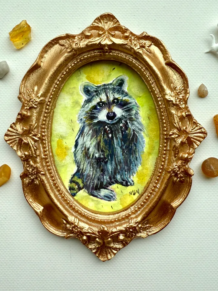 Raccoon Painting Original Small Framed Animals Gouache Painting Cute Wildlife Art Oval Frame