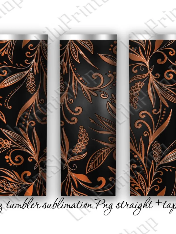 Tooled leather tumbler designs sublimation png Floral tumbler wrap PNG for 20oz skinny straight & tapered tumbler / Instant download