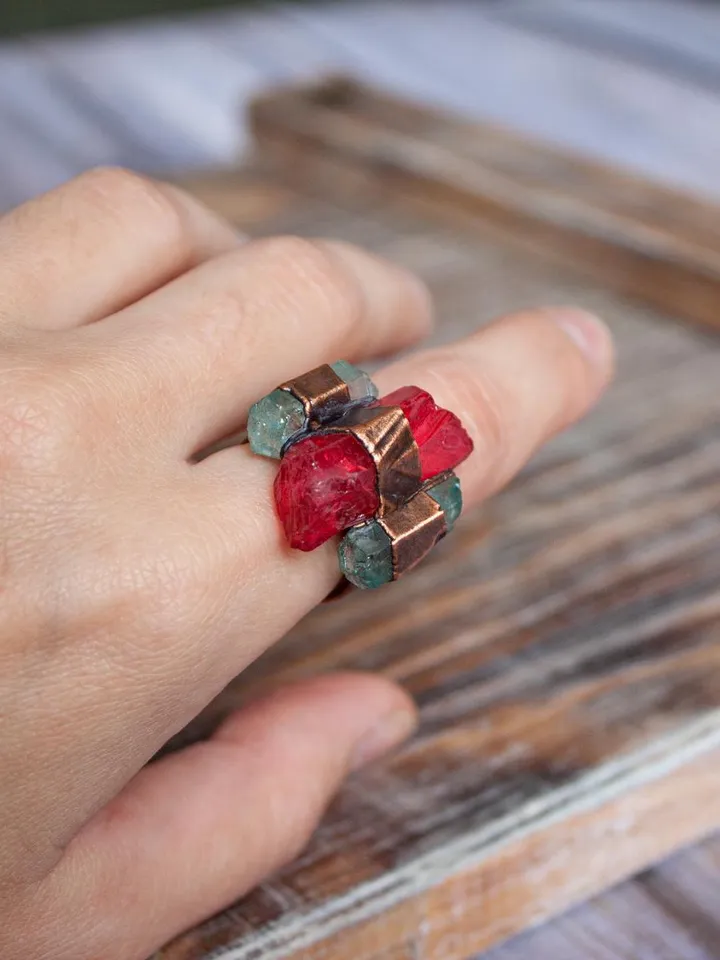 Unique handmade quartz ring in a copper frame made using the electroforming process