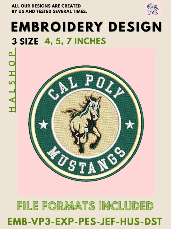 NCAA Cal Poly Mustangs Round Logo Embroidery, NCAA Cal Poly Mustangs Logo Embroidery Files, Machine Embroidery Designs, Digital Download