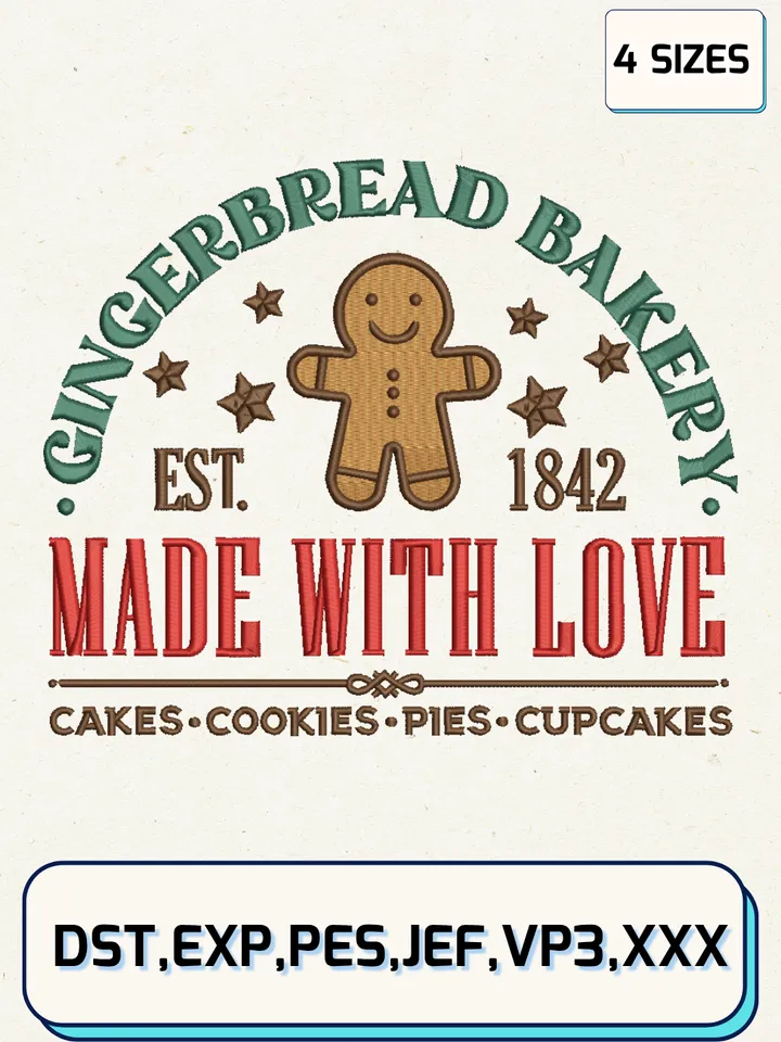 Gingerbread Bakery Est.1824 Embroidery Design Files,Christmas Embroidery Designs,Machine Embroidery Files,4 Sizes