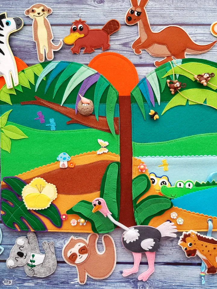 Jungle Quiet Book pattern PDF, Felt book pattern, Soft montessori book template, Felt jungle animals pattern, Felt Activity Book pdf ideas