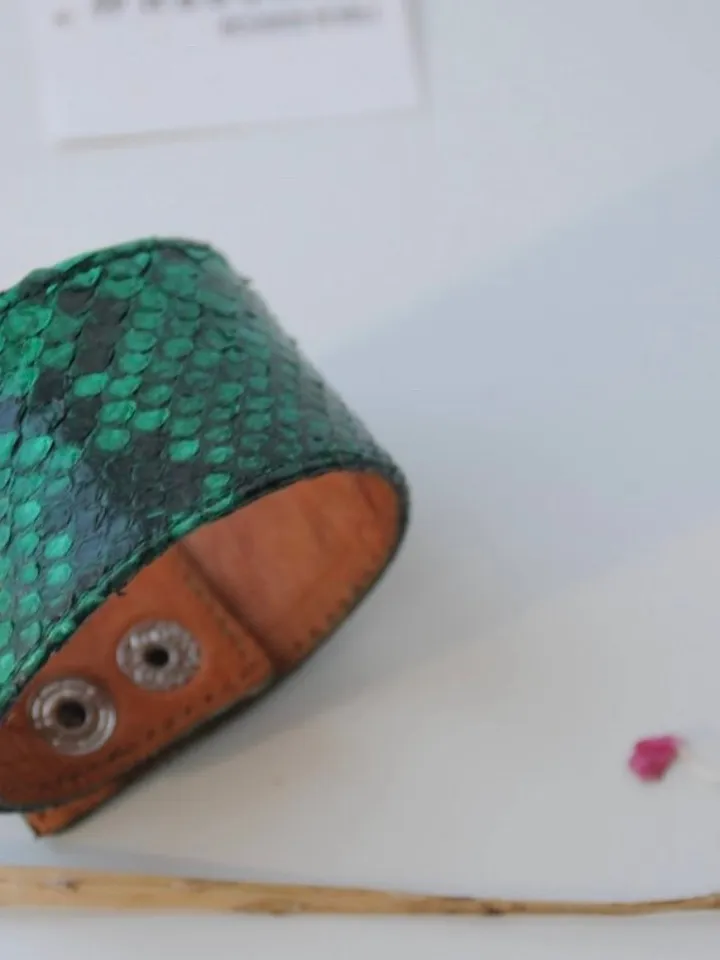 Green Python Skin Bracelet | Flat Woman Buttoned Exotic Leather Bracelet | Wide Leather Bracelet | Women Jewerly | Snake Skin Bracelet