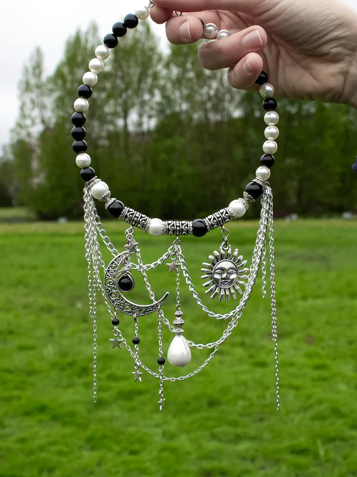 Handmade Statement Necklace with Pearls, Obsidian β Unique Celestial Jewelry