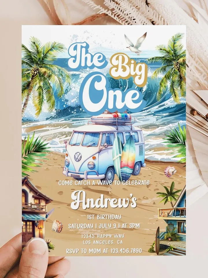 The Big One Surfing Invitation, Retro Boy Surf Surfboard, Editable Beach Pool Party Invite, Summer 1st Birthday, Printable Canva Template