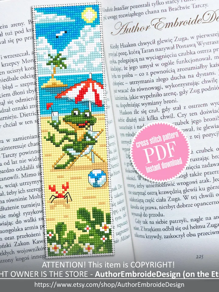 Summer bookmark cross stitch pattern PDF download Funny frog cross stitch chart, Beach bookmark pattern digital PDF, Beach vacation #B448