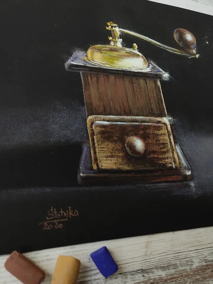 Coffee grinder. Kitchen utensils. Original soft pastel drawing.