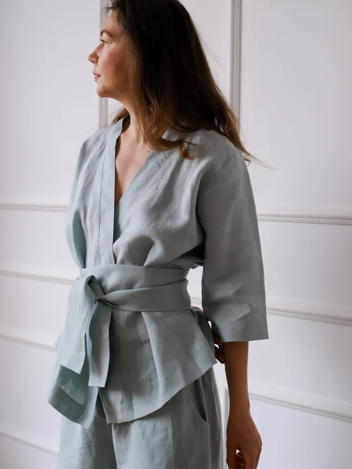 Linen suit - Kimono jacket with pants for women - Linen Kimono Wrap Top - Linen clothing womens