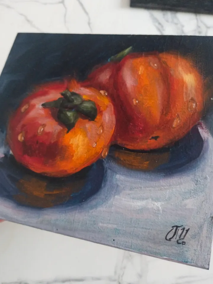 Original persimmon oil painting, Bright Fruit with water drops miniature art, Small fine art on panel