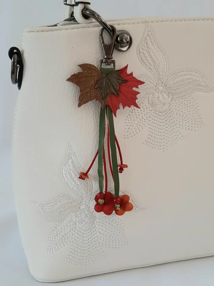 Red maple Leaf Keychain Leather tassel charm Leather Pendant, art 4