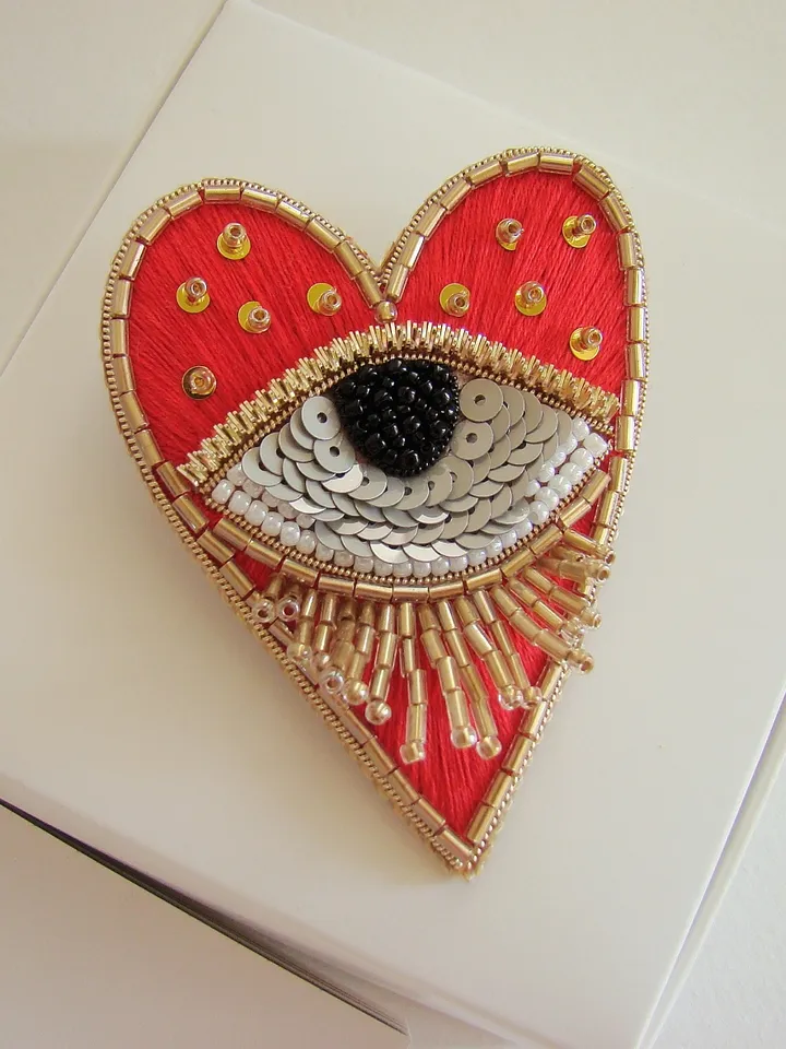 Heart eye brooch, embroidered brooch, beaded heart brooch, red brooch