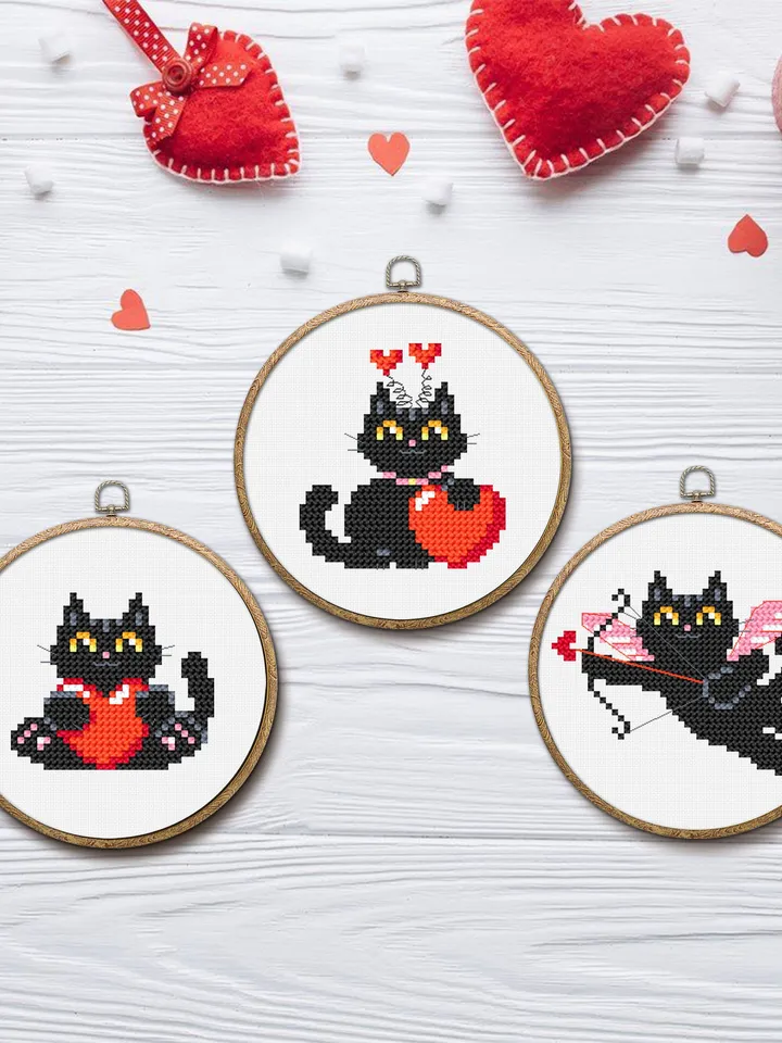 Set Cat valentines day cross stitch pattern download PDF Funny black cat cross stitch chart, Cute cat valentine cross stitch, Cat lover #T9