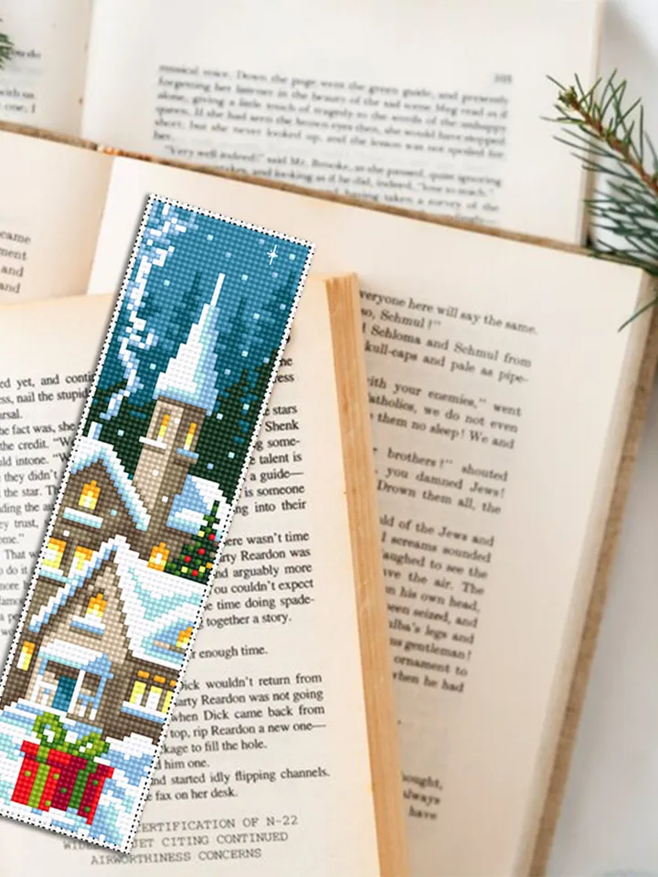 Winter bookmark cross stitch pattern PDF instant download Holiday cross stitch chart, Digital bookmark pattern PDF, Christmas village #B191