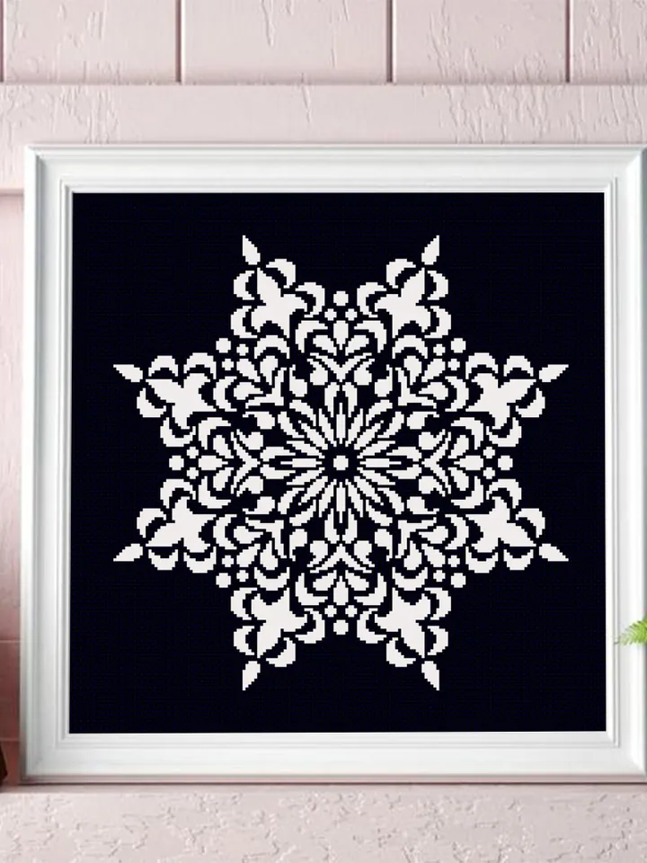 Mandala cross stitch pattern download PDF, Monochrome mandala ornament cross stitch chart, Snowflake ornament embroidery, Home decor #M131
