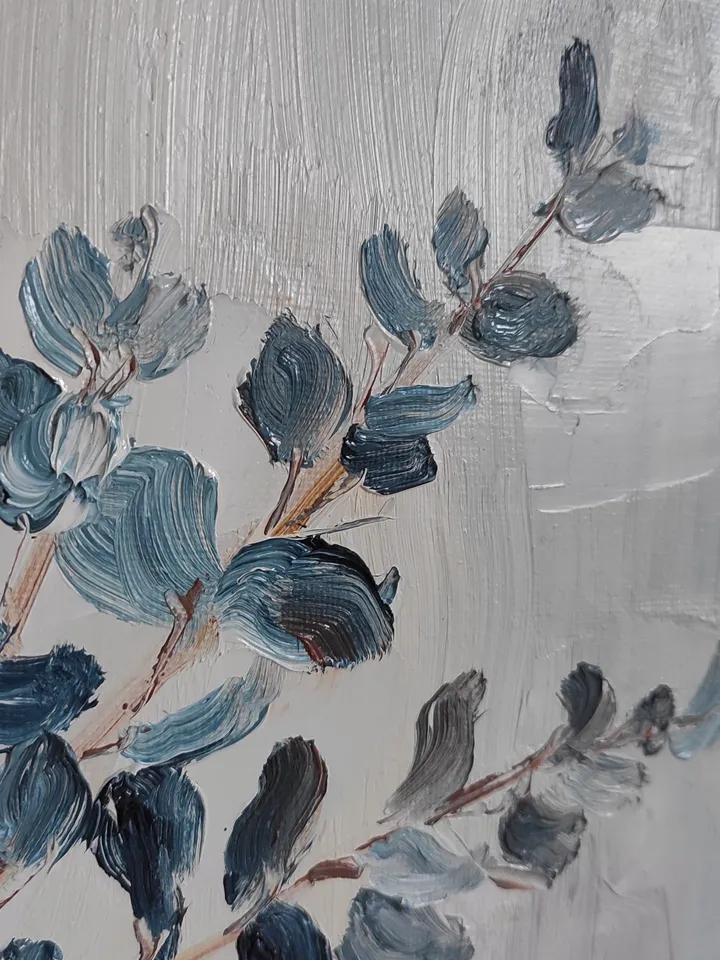 Original oil painting on canvas still life with eucalyptus