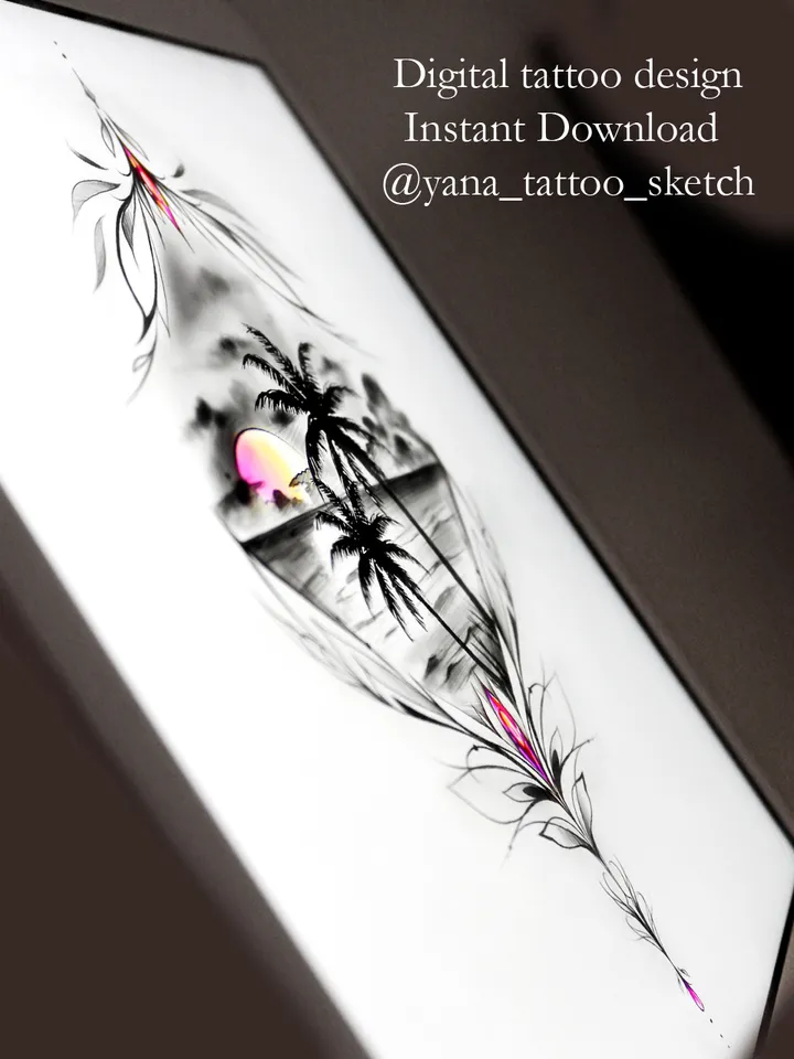 Palm Tree Tattoo Design Palm Tree Beach Sunset Tattoo Stencil Idea Sketch, Instant download PDF, JPG