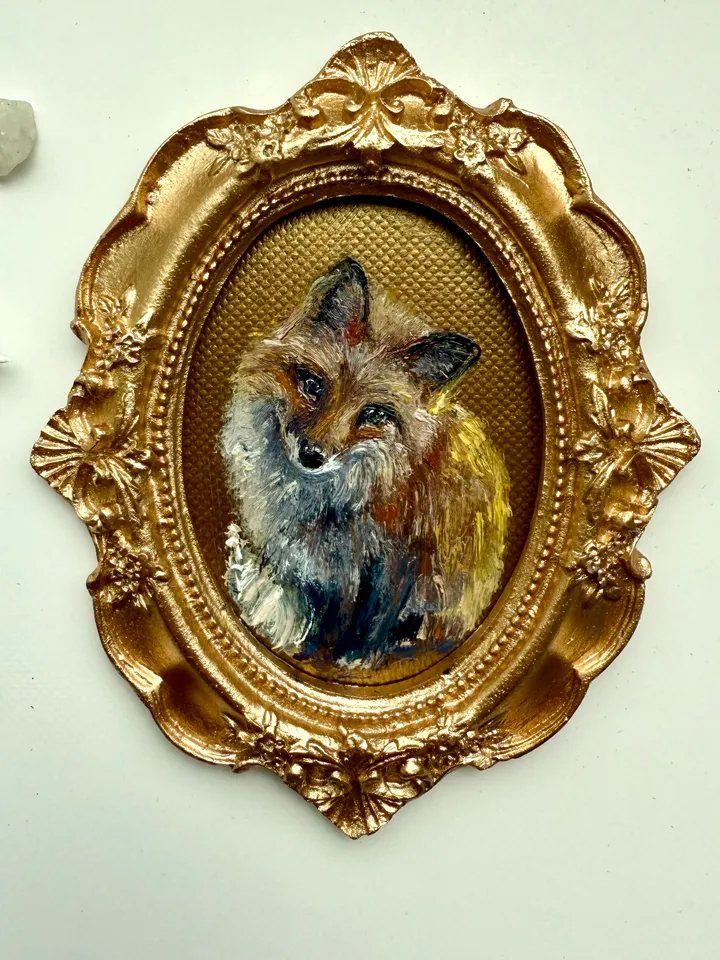 Framed Fox Oil Painting Original Wild Animals Art Cute Fox Painting Gold Frame Victorian Painting