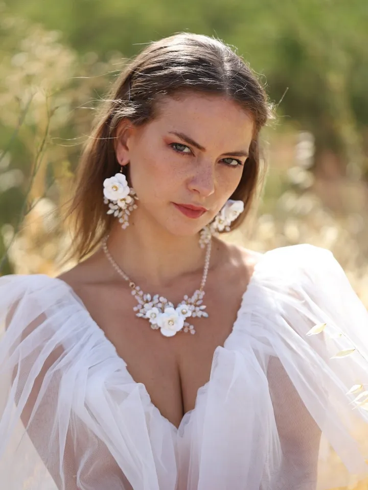 Boho Wedding Jewelry Set For Brides, Floral Bridal Earrings, Boho Wedding Earrings, Flower Wedding Earrings, Statement Wedding Jewelry Set