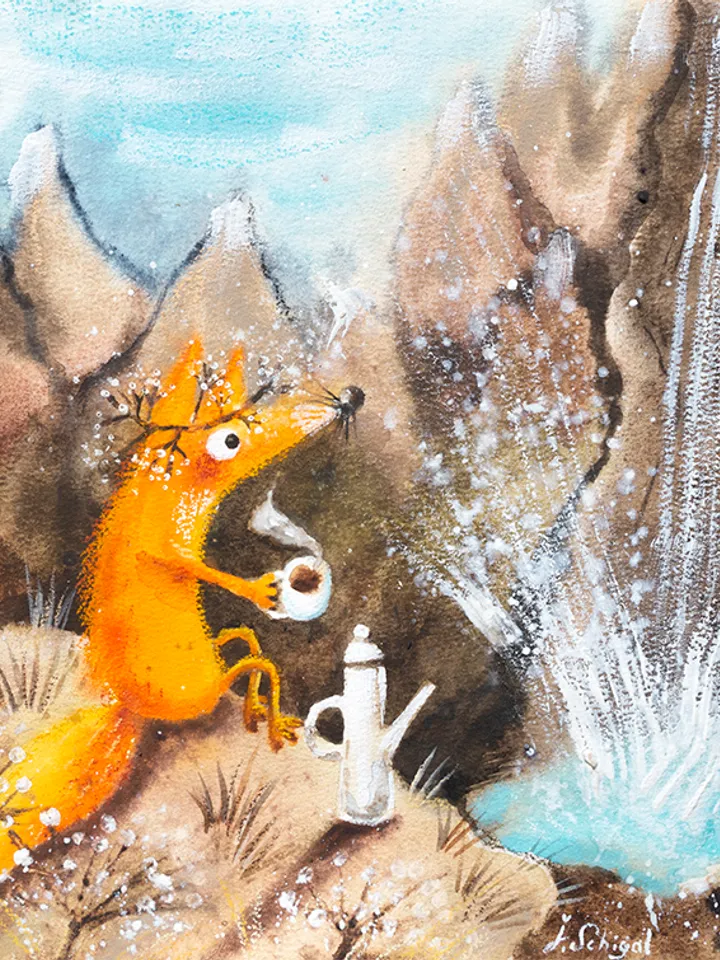 27×27 work by Julia Schigal "Waterfall" - watercolor, gouache