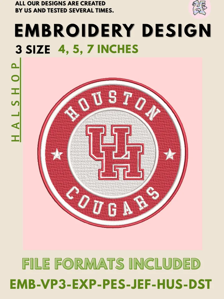 NCAA Houston Cougars Embroidery Design | University of Houston Logo | Machine Embroidery File | Instant Digital Download