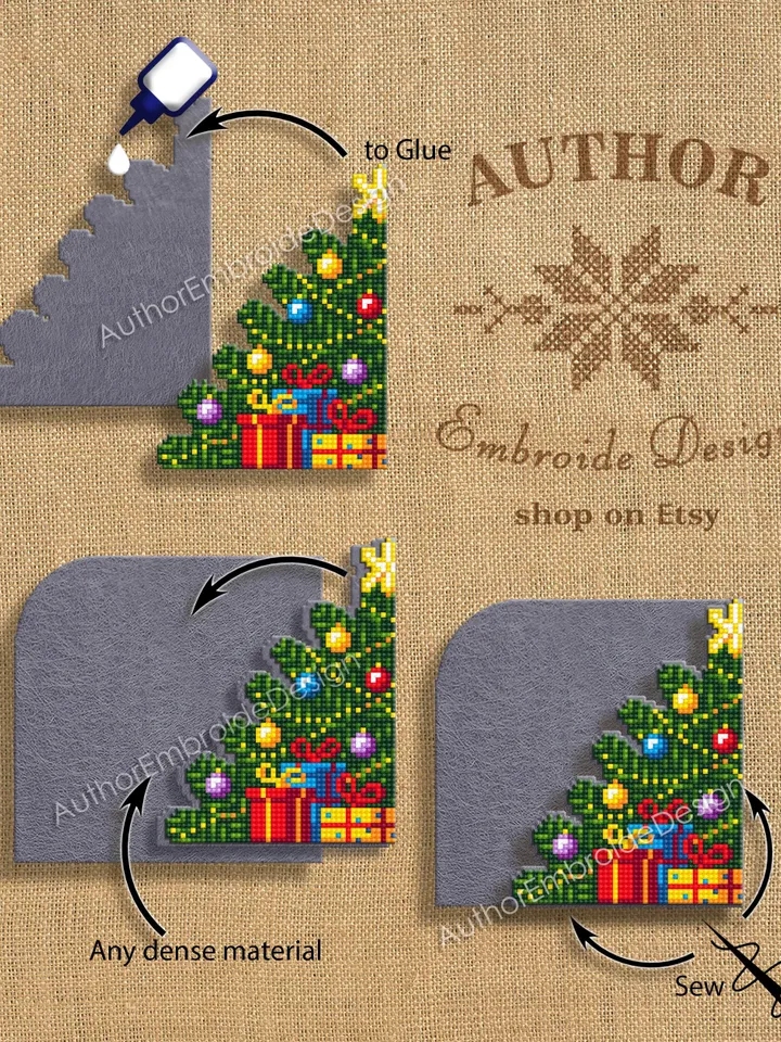 Christmas corner bookmark cross stitch pattern PDF download Christmas tree cross stitch chart, Christmas bookmark pattern digital PDF #B385