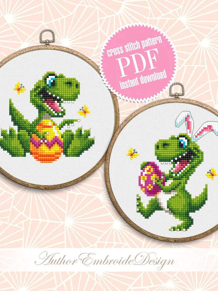Easter dinosaur cross stitch pattern PDF download, Set of 2 small dino cross stitch chart, Easter pattern digital PDF, T rex Bunny ears #T27