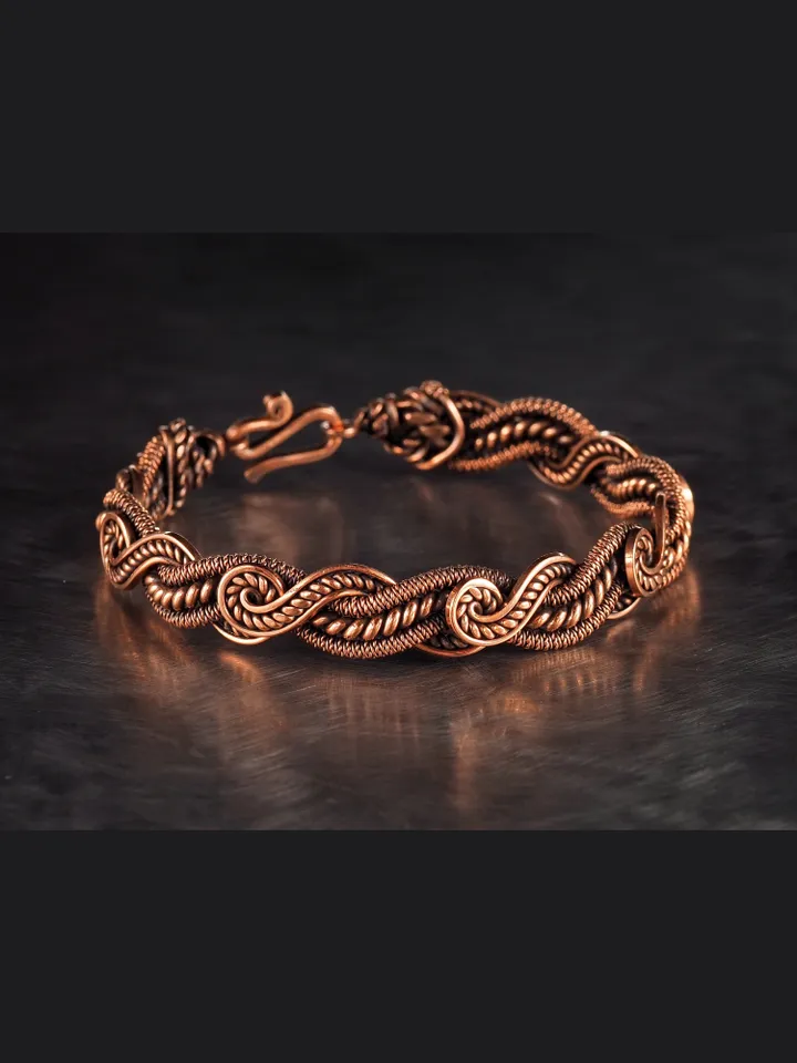 Wire wrapped bracelet, Unique 7th 22nd Anniversary gift idea, Art Nouveau antique style, One of kind braided statement bangle, Handmade oxidized pure copper jewelry, Pain relief, EMF protection