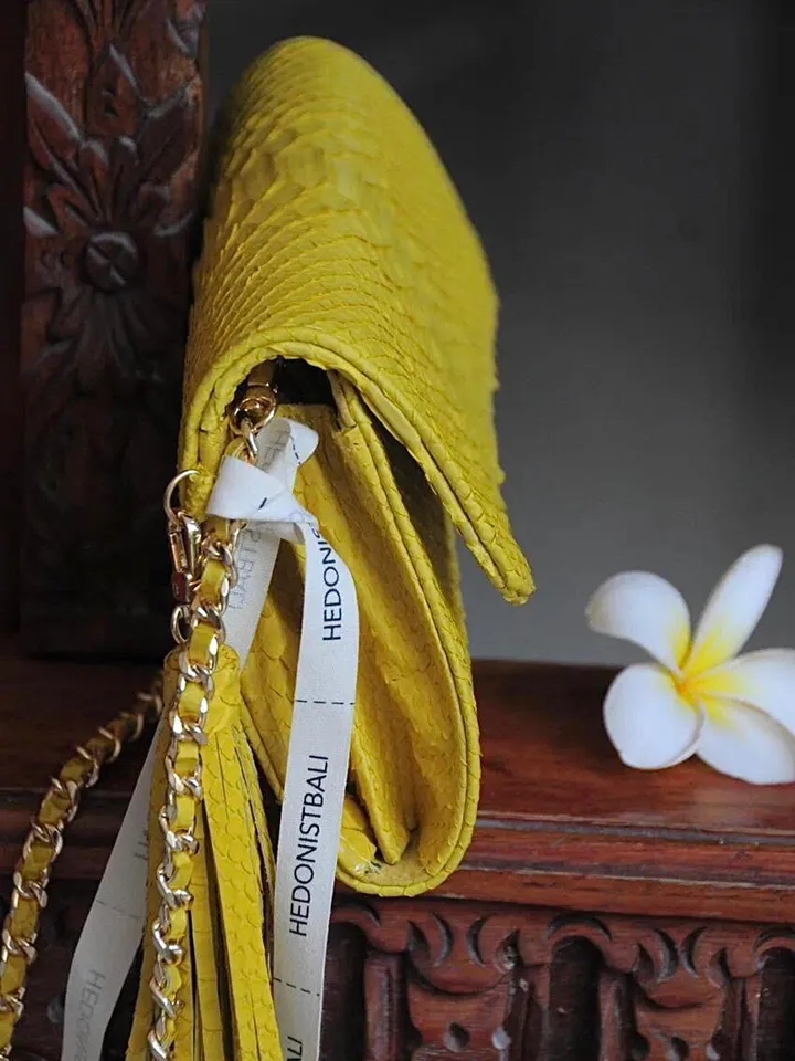 Genuine python skin classy yellow flat clutch with shoulder chain | elegant evening women purse | designer leather bags | small snake bag