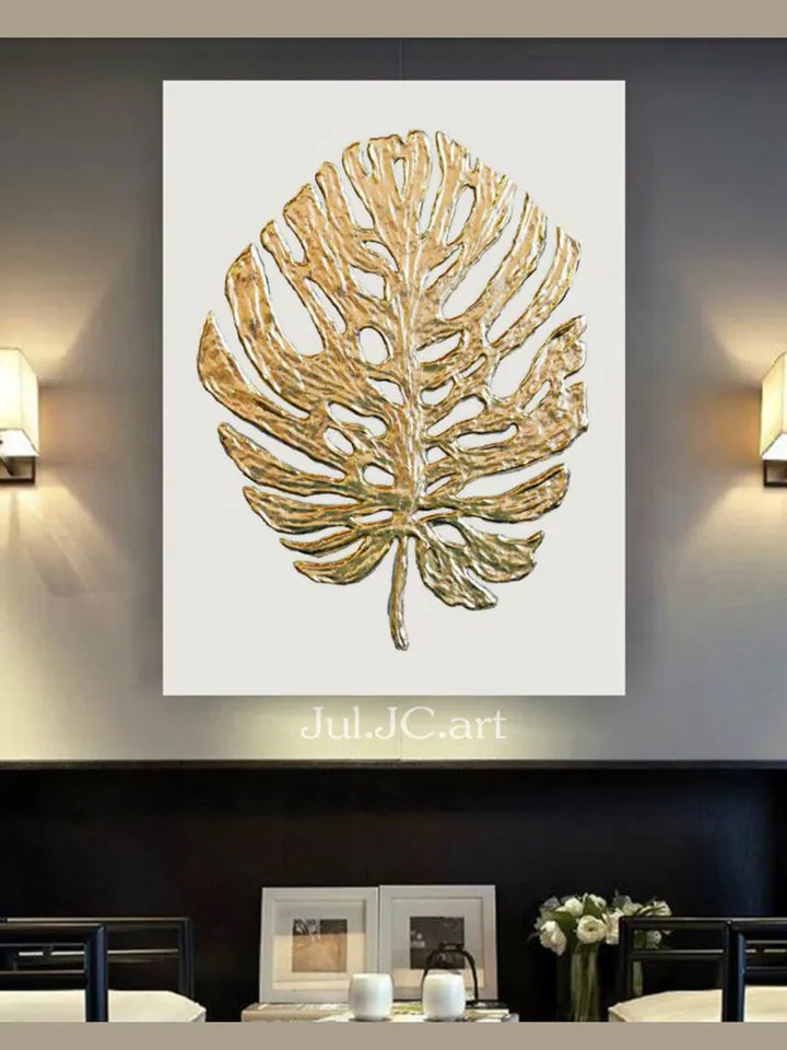 Golden Monstera Abstract Wall Art Floral Original Painting Textured artwork Gold Leaf Wall Art Modern wall decor