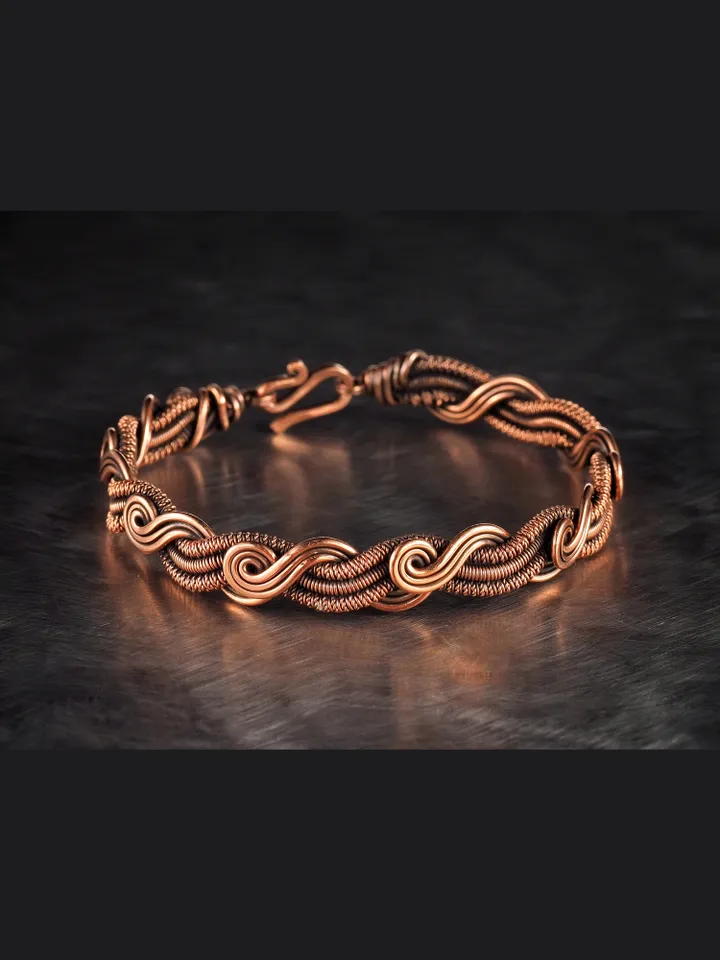 Wire wrapped bracelet, Unique 7th 22nd Anniversary gift idea, Art Nouveau antique style, One of kind braided statement bangle, Handmade oxidized pure copper jewelry, Pain relief, EMF protection