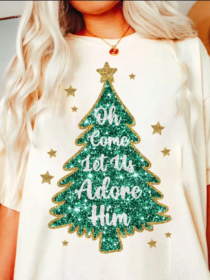 Oh Come Let Us Adore Him, Christmas PNG, Faux Glitter Christmas Tree, Hand Drawn, Hand Lettered, Faux Glitter Sequins, Sublimation Download
