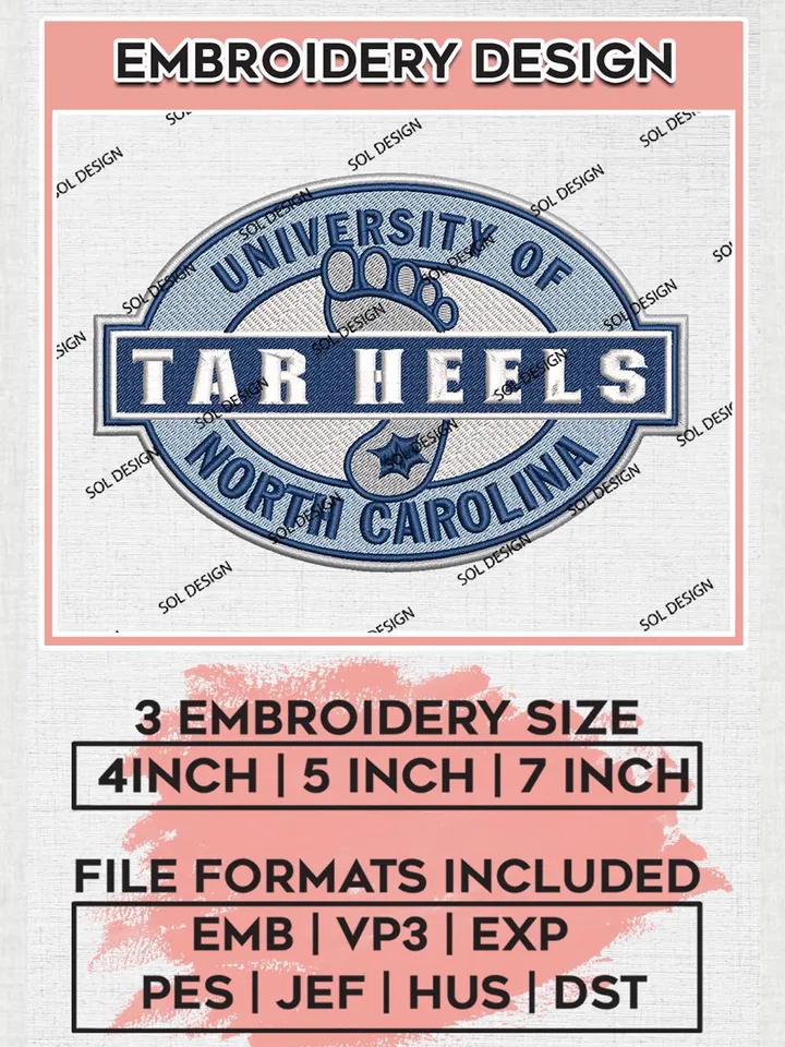 NCAA North Carolina Tar Heels Team Logo Embroidery Design Files, NCAA North Carolina Tar Heels Machine Embroidery, NCAA Teams, 3 sizes, NCAA Machine embroidery designs, Digital Download