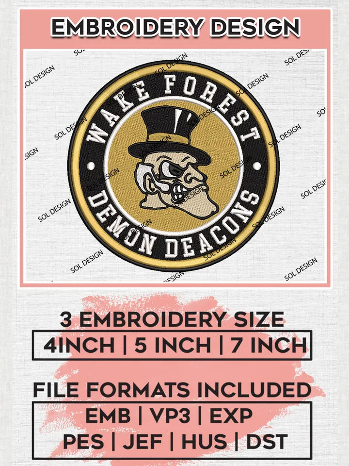 NCAA Wake Forest Demon Deacons Round Logo Embroidery, NCAA Wake Forest Demon Deacons Embroidery Design files, NCAA Teams, NCAA Machine embroidery designs, Digital Download