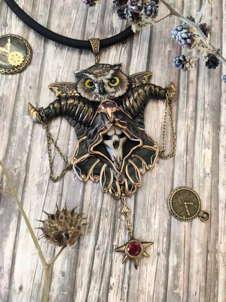 Art Necklace Wise Owl, Gothic necklace Owl,Sculptural necklace
