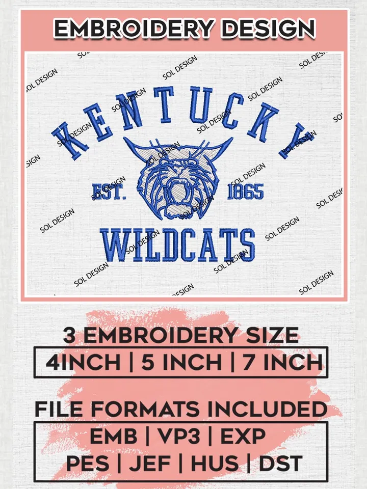 Kentucky Wildcats Est 1865 Logo Embroidery Designs, NCAA Kentucky Wildcats Team Embroidery, NCAA Team Logo, 3 sizes, Machine embroidery Files, Digital Download