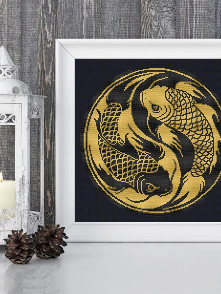 Koi fish Yin Yang cross stitch pattern download PDF, Mandala fish cross stitch chart, Yin and yang embroidery PDF, Japanese koi stitch #M183