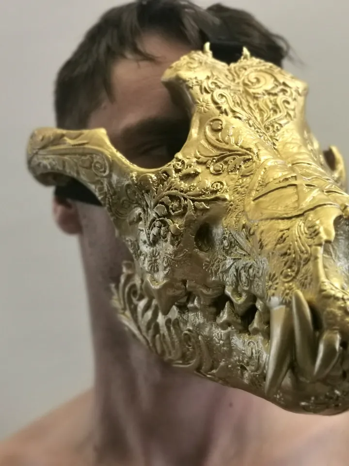 Golden Wolf Skull Mask, Pattern Mask, burning man mask, custom cosplay mask, cosplay face mask, shamanic mask, pagan mask, ritual mask