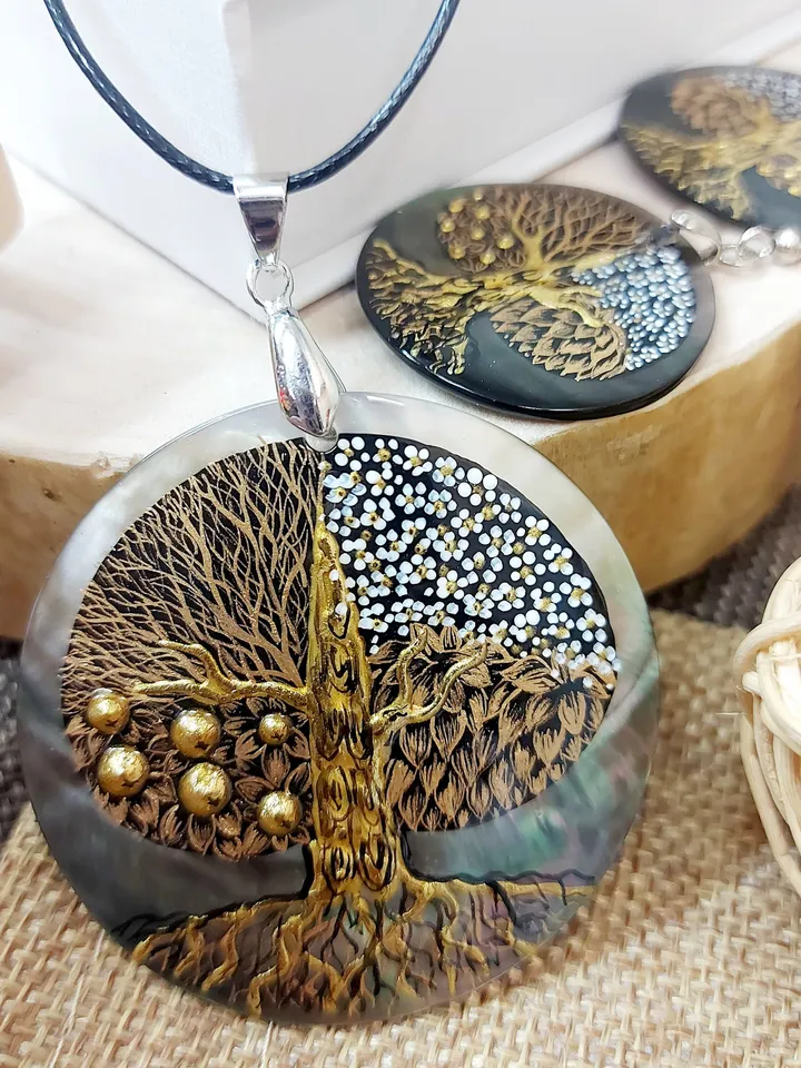 Seasons of Life: Artistic Tree of Life Pendant and Earrings Set - Hand-Painted by Skilled Artisans inspired by Gustav Klimt's Masterpieces