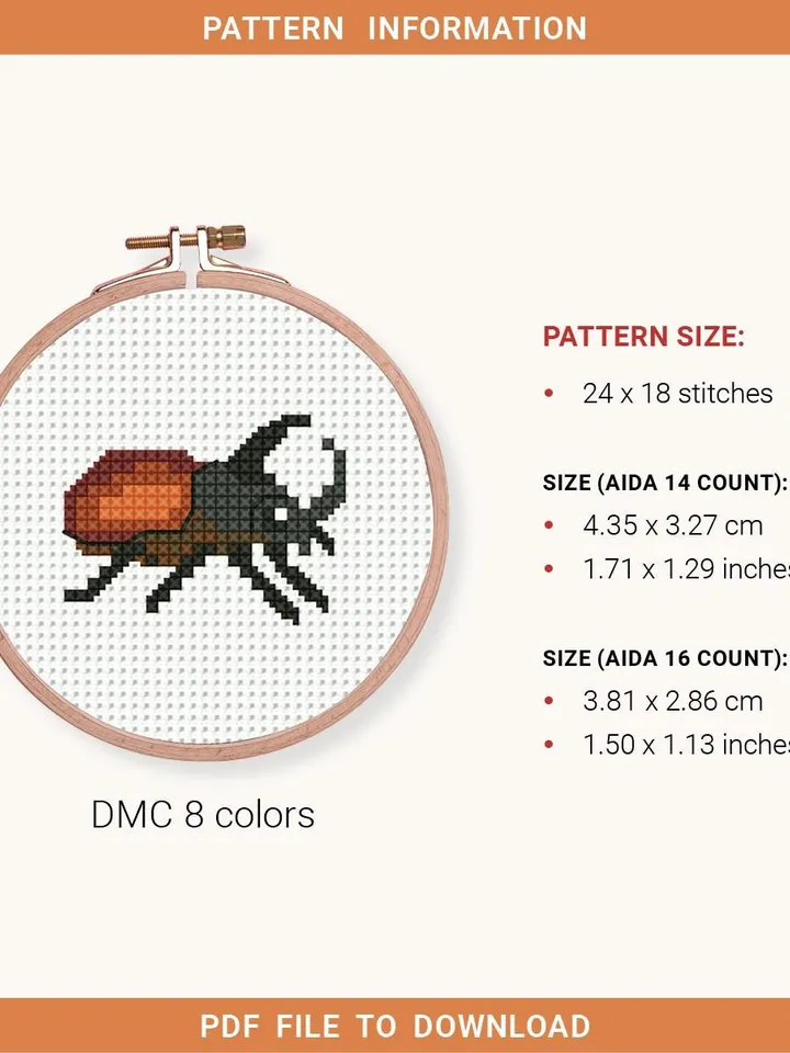 Rhinoceros beetle Cross stitch pattern, contemporary nature, mini insects, beginner counted, modern chart, gift DIY, embroidery, instant PDF