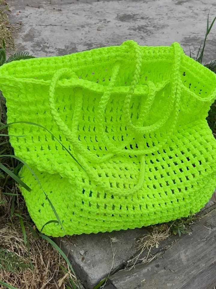 Women Bright Large Beach Net Bag With Polyester Cord in Lime Green, Tote Hippie, Boho Purse, Handbag, Mash Bag