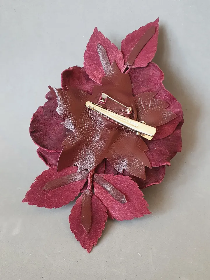 Bordo color rose leather brooch for her , 3rd anniversary gift for wife, Leather women's jewelry