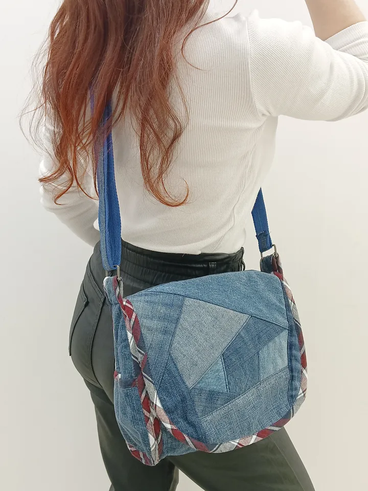 Shoulder denim handbag . Handmade bag, recycled jeans bag, crossbody bag with a crazy pechwork flap
