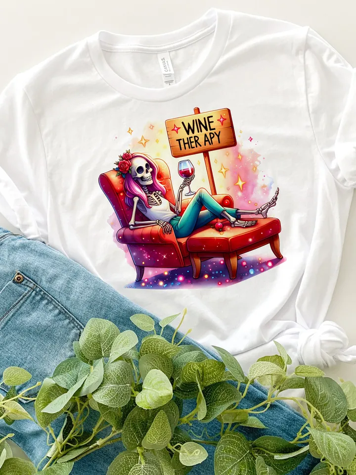 Wine therapy sublimation design, Sarcastic skeleton tshirt design, Snarky skeleton sublimation design, Girls tshirt design