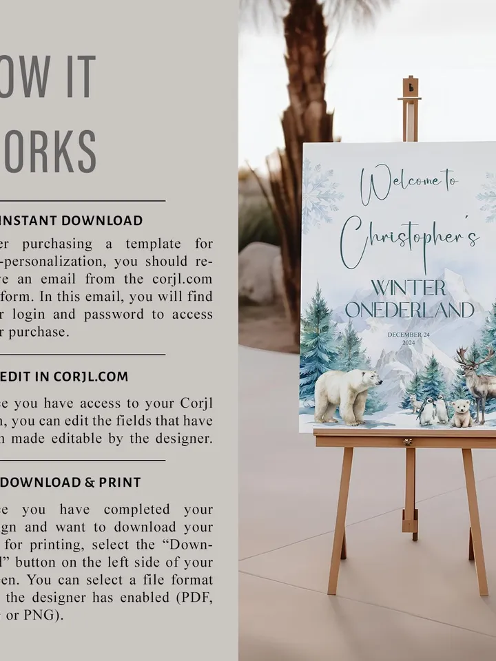 Winter Onederland Boy 1st Birthday Party Welcome Sign, Blue Wonderland Christmas First Snow Poster, Editable Corjl Template - i132