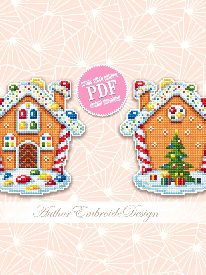 Christmas gingerbread house cross stitch pattern PDF download Double-sided Christmas tree decor for plastic canvas, Christmas ornament #N122