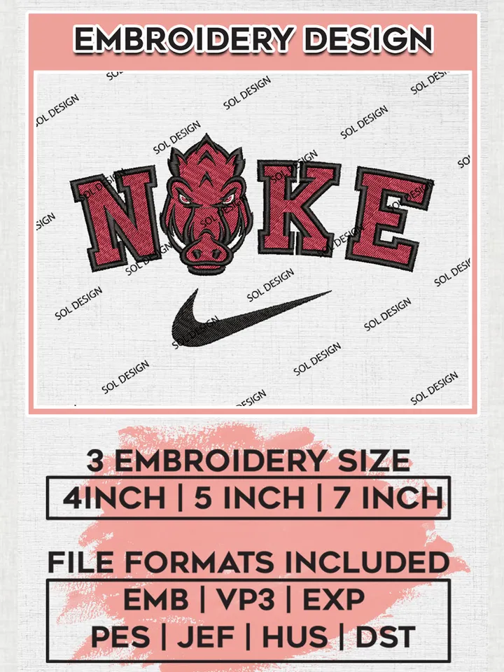 Nike Arkansas Razorbacks Machine Embroidery Design, NCAA Arkansas Razorbacks Embroidery Design Design files, NCAA Embroidery Designs, NCAA Machine Embroidery Designs, Digital Download