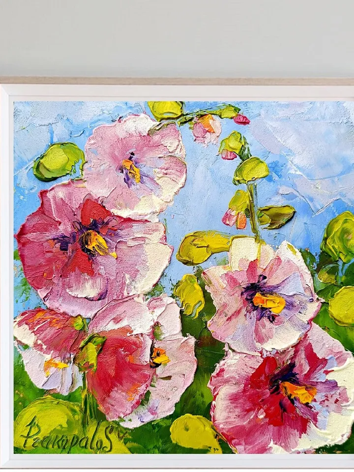 Mallow Painting Flowers Oil Painting Floral Original Fine Art Impasto Painting Hollyhocks Artwork 6x6 by ArtProkopaloSv