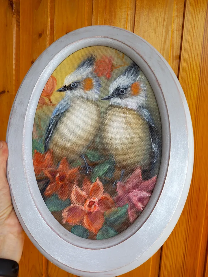 Bird original oil painting with a frame 25x35 cm