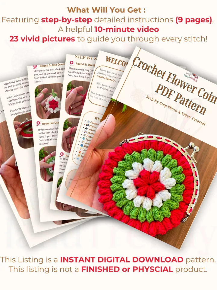 Crochet Flower Coin Purse PDF Pattern, Small Floral Crochet Pouch, Handmade Wallet Design, Christmas Crochet Bag PDF, Instant Download