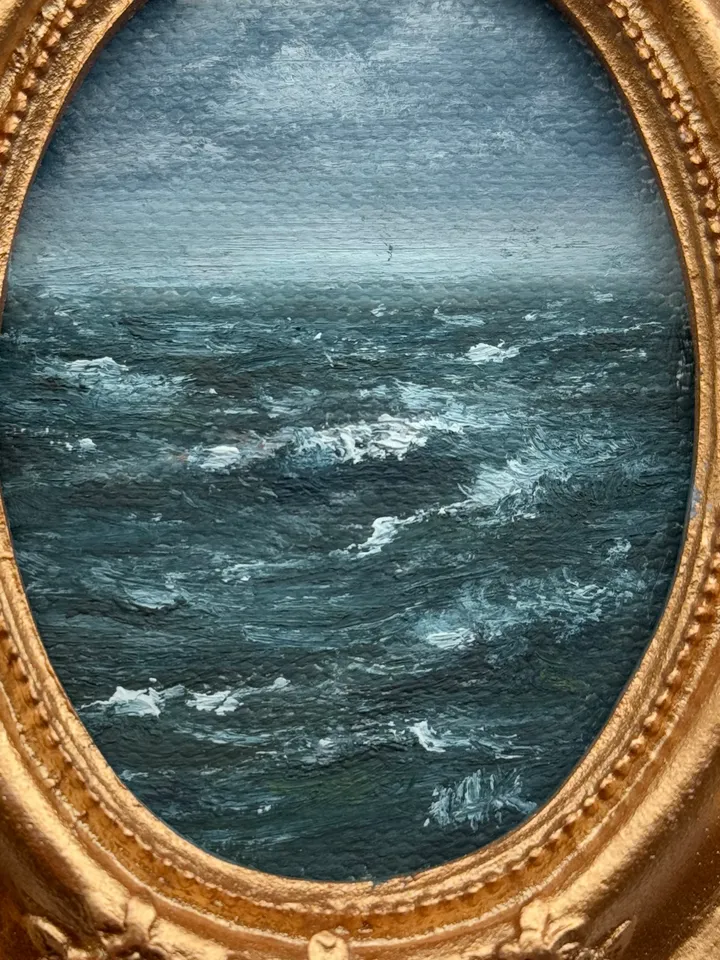 Ocean Landscape Oil Painting Original In Vintage Style Frame Small Framed Oval Painting Art Renaissance Antique Seascape Painting